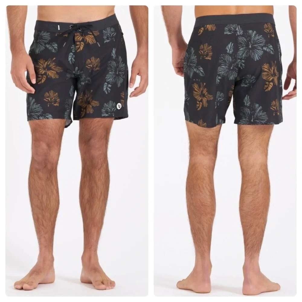 Vuori Cruise Boardshorts Mens 36 Black Floral Hibiscus Tropical Swim Trunks 7in